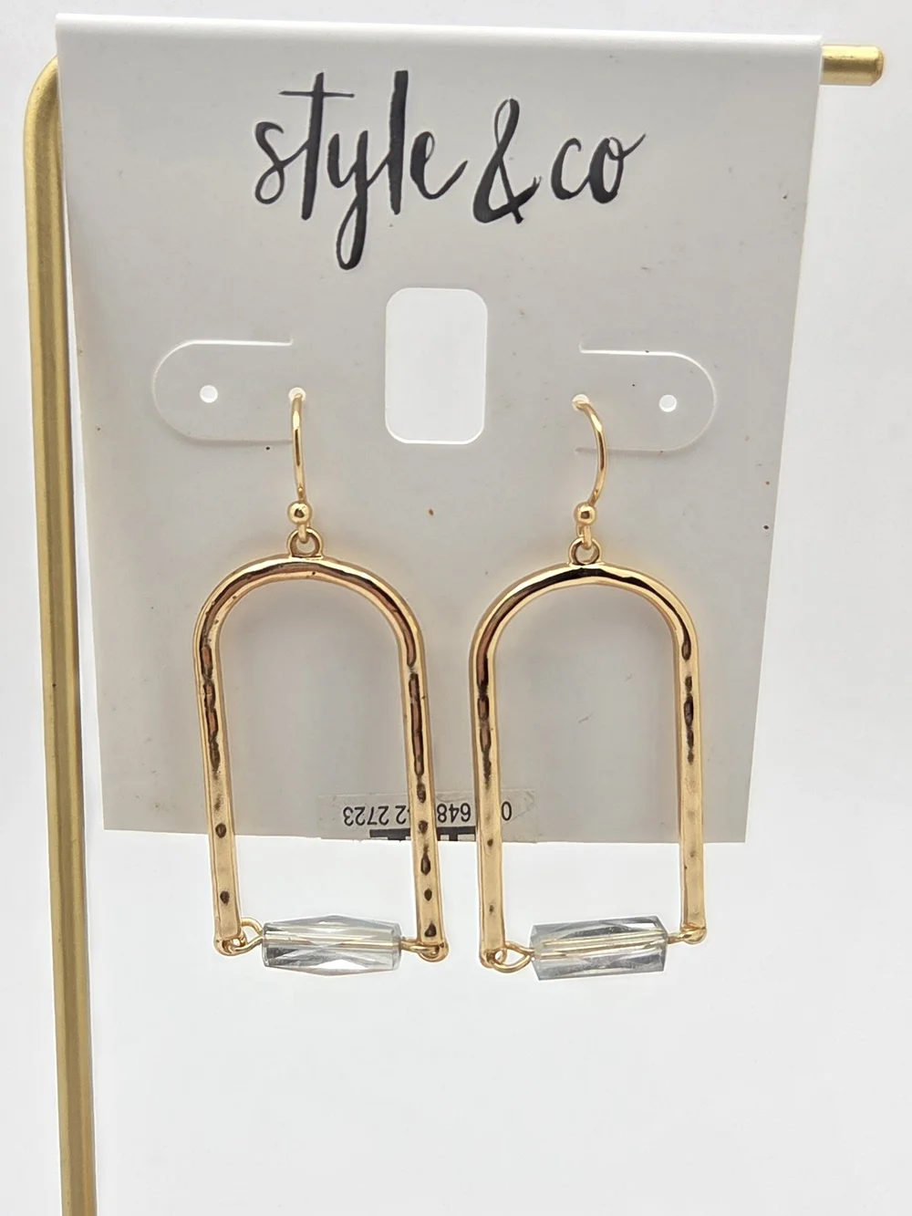 Style & Co Gold Tone Geometric Arch Drop Earrings Clear Faceted Bead NWT